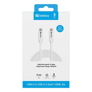 Sandberg 136-75 USB-kabel USB 3.2 Gen 2 (3.1 Gen 2) 3 m USB C Hvid