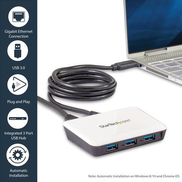 StarTech.com USB 3.0 to Gigabit Ethernet NIC Network Adapter with 3 Port Hub