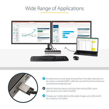 StarTech.com 50 cm sidoskruvl&aring;sande USB C-kabel 10&nbsp;Gbit/s - USB 3.1/3.2 Gen 2 Type-C kabel - 100W (5A) Power Delivery-laddning, DP alt-l&auml;ge - Dubbel skruvl&aring;sning - USB-C-kabel ladda/synkronisera - USB typ C-kabel - 24 pin USB-C till 24 pin USB-C - 50 cm