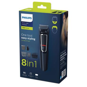 Philips Philips Multigroom series 3000 8-in-1, Face and Hair MG3730/15 8 tools Self-sharpening steel blades Up to 60 min run time Rinseable attachments