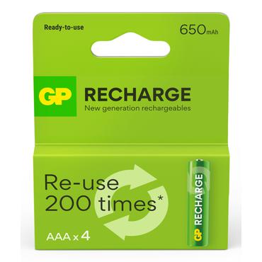 GP Recharge Rechargeable Battery, Size AAA, 650 mAh, 4-pack