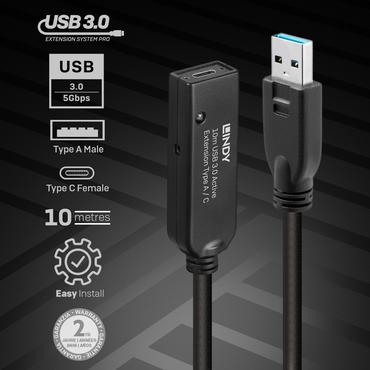 Lindy 10m USB 3.0 Aktivverl&auml;ngerung Typ A an C 10m Verl&auml;ngerung f&uuml;r ein USB Typ C Ger&auml;t an einem USB Typ A Computer (43376)