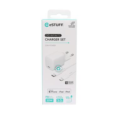 eSTUFF INFINITE strømforsyningsadapter - EU plug, USB-C to USB-C cable, 1.5 m - 24 pin USB-C - 20 Watt