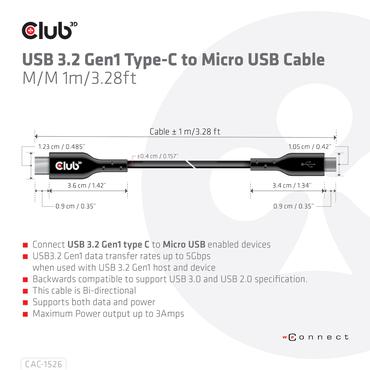 Club 3D - USB typ C-kabel - 24 pin USB-C till mikro-USB typ B - 1 m