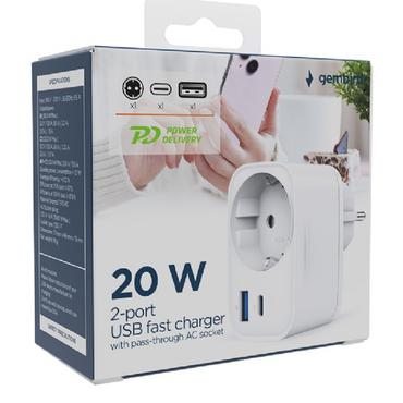N--GEMBIRD 2-port USB fast charger with pass-through AC socket 20W white