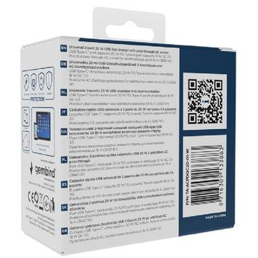 N--GEMBIRD 2-port USB fast charger with pass-through AC socket 20W white