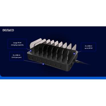 DELTACO DPS-0201 laddningsstation - 6 x USB, 2 x USB-C - 75 Watt