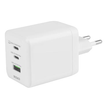 Deltaco USB GaN væglader 100 W, 1x USB-A, 2x USB-C, PPS, samlet output 100 W, hvid