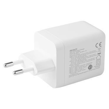 Deltaco USB GaN væglader 100 W, 1x USB-A, 2x USB-C, PPS, samlet output 100 W, hvid