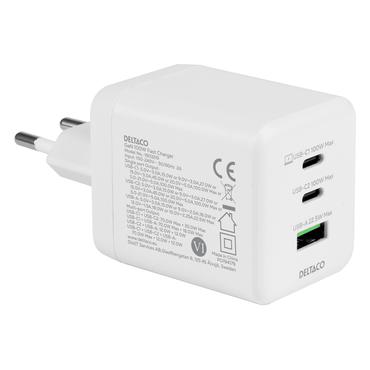 Deltaco USB GaN væglader 100 W, 1x USB-A, 2x USB-C, PPS, samlet output 100 W, hvid