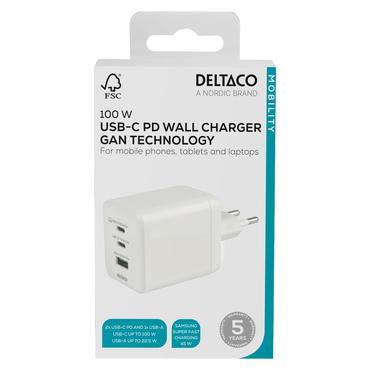 Deltaco USB GaN væglader 100 W, 1x USB-A, 2x USB-C, PPS, samlet output 100 W, hvid