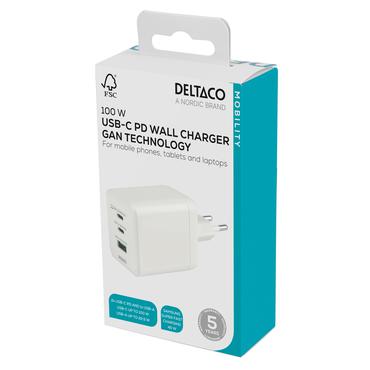 Deltaco USB GaN væglader 100 W, 1x USB-A, 2x USB-C, PPS, samlet output 100 W, hvid