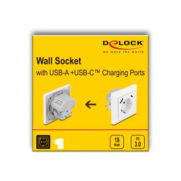 Delock - eluttag - med PD 3.0, 18W - 1 grupp - 1 eluttag, 1 USB-uttag, 1 USB-C-uttag - vit
