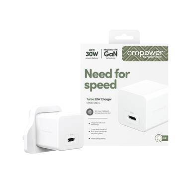 PanzerGlass empower&trade; by &reg; Turbo 30W Oplader Single USB-C | UK Stik | Silver White