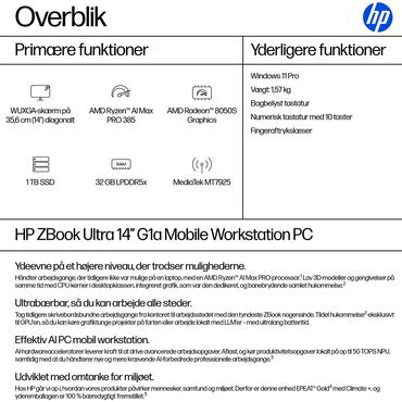 HP ZBook Ultra G1a Mobile Workstation B&auml;rbar dator - AMD Ryzen AI Max Pro 385 - 32 GB LPDDR5X - 1 TB SSD M.2 PCIe 4.0 - NVM Express (NVMe), trippelniv&aring;cell (TLC) - AMD Radeon 8050S upp till - 14" IPS