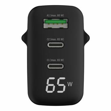 HC365PD GAN OPLADER 65W 2X USB-C 1X USB-A PD QC PPS MED DISPLAY