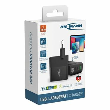 HC365PD GAN OPLADER 65W 2X USB-C 1X USB-A PD QC PPS MED DISPLAY