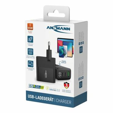 HC365PD GAN OPLADER 65W 2X USB-C 1X USB-A PD QC PPS MED DISPLAY