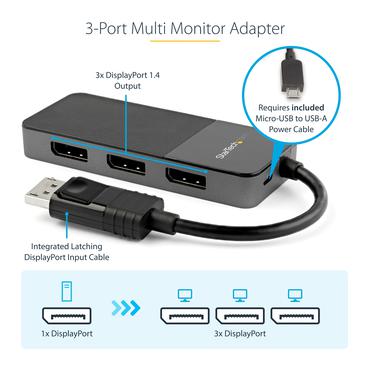 StarTech.com 3-ports multi-bildsk&auml;rmsadapter - DisplayPort 1.4 till 3x 4K DisplayPort-video-splitter - Dubbel eller tredubbel 4K - DisplayPort MST-hubb f&ouml;r flera bildsk&auml;rmar - Endast f&ouml;r datorer med Windows - video/audiosplitter - 3 portar