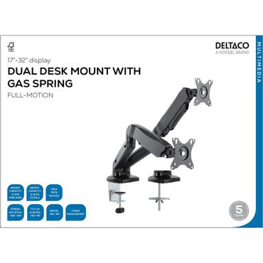 DELTACO ARM-1300 monteringssats - justerbar arm - f&ouml;r 2 monitorer - mattsvart
