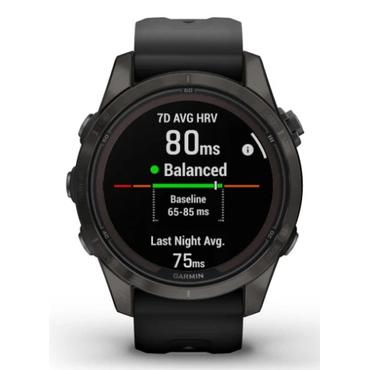 Garmin fēnix 7S Pro Sapphire Solar Edition - kolgr&aring; DLC titan - sportur med band - sort - 32 GB