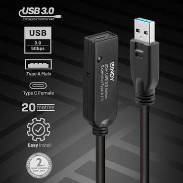 Lindy 20m USB 3.0 Aktivverl&auml;ngerung Typ A an C 20m Verl&auml;ngerung f&uuml;r ein USB Typ C Ger&auml;t an einem USB Typ A Computer (43375)