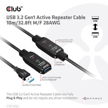 Club 3D - USB-f&ouml;rl&auml;ngningskabel - USB typ A till USB typ A - 10 m