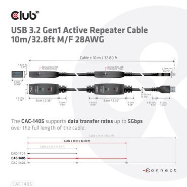 Club 3D - USB-f&ouml;rl&auml;ngningskabel - USB typ A till USB typ A - 10 m