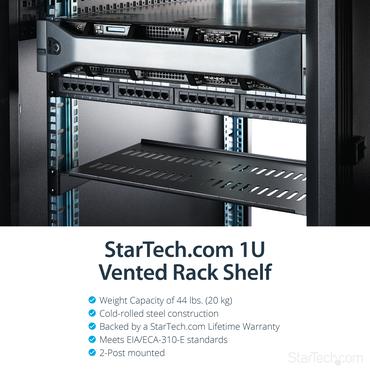 StarTech.com 1U serverrackhylla - Universell ventilerad frib&auml;rande serverhylla med rackf&auml;ste f&ouml;r 19-tums n&auml;tverksutrustning i rack och sk&aring;p - Kraftigt st&aring;l - Viktkapacitet 23 kg - 25 cm djup hylla, svart - hylla f&ouml;r rack - 1U