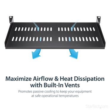 StarTech.com 1U serverrackhylla - Universell ventilerad frib&auml;rande serverhylla med rackf&auml;ste f&ouml;r 19-tums n&auml;tverksutrustning i rack och sk&aring;p - Kraftigt st&aring;l - Viktkapacitet 23 kg - 25 cm djup hylla, svart - hylla f&ouml;r rack - 1U