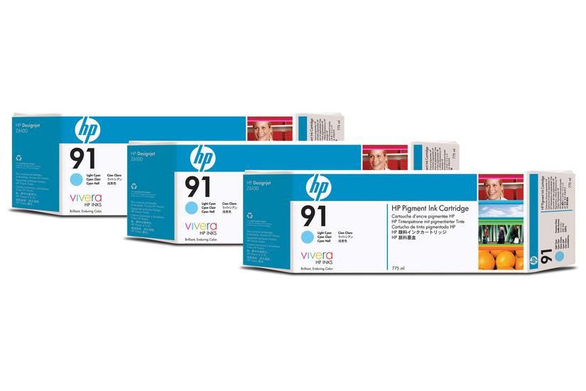 HP 91 - 3-pack - ljus cyan - original - bl&auml;ckpatron
