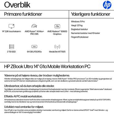 HP ZBook Ultra G1a Mobile Workstation B&auml;rbar dator - AMD Ryzen AI Max+ 395 - 64 GB LPDDR5X - 2 TB SSD M.2 PCIe - NVM Express (NVMe), trippelniv&aring;cell (TLC) - AMD Radeon 8060S - 14" OLED