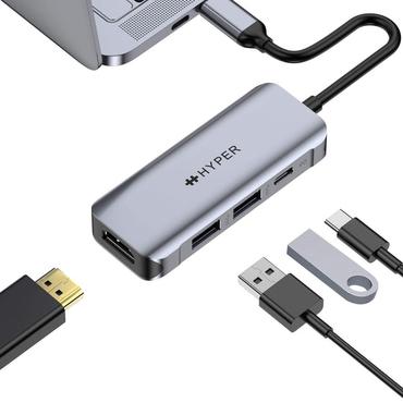 HYPER HD41-GL dockingstation USB 2.0 Type-C Sort, Grå