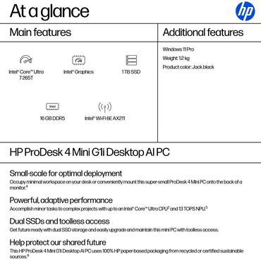 HP ProDesk 4 G1i AI PC Intel Core Ultra 7 265T 16 GB DDR5-SDRAM 1 TB SSD Windows 11 Pro Mini PC Black