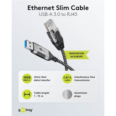 USB-A 3.0 to RJ45 Ethernet Cable, Slim, 1.5 m, 1.5 m, black - connects router, modem or network switch to USB-A