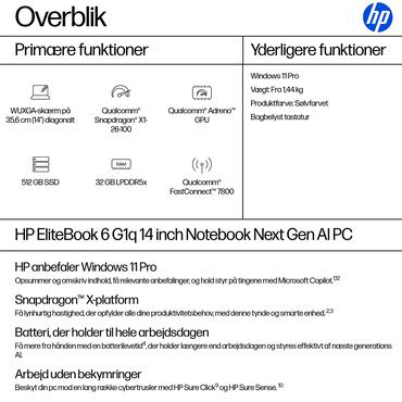 HP EliteBook 6 G1q Next Gen AI PC Copilot+ PC Snapdragon X1-26-100 Laptop 35,6 cm (14") WUXGA 32 GB LPDDR5x-SDRAM 512 GB SSD Wi-Fi 7 (802.11be) Windows 11 Pro S&oslash;lv