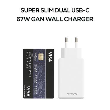 Deltaco USB-C wall charger 67 W, 2x USB-C PD, slim, tot 67 W, white
