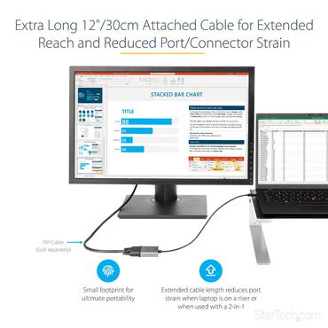 StarTech.com USB C to DVI Adapter, 1920x1200p, USB-C to DVI-D Adapter, USB Type C to DVI Monitor, Video Converter, Thunderbolt 3 Compatible, USB-C to DVI Dongle, 12" Long Attached Cable - USB C Display Adapter (CDP2DVIEC) - videoadapter - 24 pin USB-C til DVI-I - 38 cm
