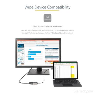 StarTech.com USB C to DVI Adapter, 1920x1200p, USB-C to DVI-D Adapter, USB Type C to DVI Monitor, Video Converter, Thunderbolt 3 Compatible, USB-C to DVI Dongle, 12" Long Attached Cable - USB C Display Adapter (CDP2DVIEC) - videoadapter - 24 pin USB-C til DVI-I - 38 cm