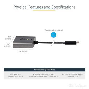 StarTech.com USB C to DVI Adapter, 1920x1200p, USB-C to DVI-D Adapter, USB Type C to DVI Monitor, Video Converter, Thunderbolt 3 Compatible, USB-C to DVI Dongle, 12" Long Attached Cable - USB C Display Adapter (CDP2DVIEC) - videoadapter - 24 pin USB-C til DVI-I - 38 cm