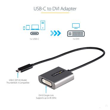 StarTech.com USB C to DVI Adapter, 1920x1200p, USB-C to DVI-D Adapter, USB Type C to DVI Monitor, Video Converter, Thunderbolt 3 Compatible, USB-C to DVI Dongle, 12" Long Attached Cable - USB C Display Adapter (CDP2DVIEC) - videoadapter - 24 pin USB-C til DVI-I - 38 cm