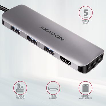 Axagon HMC-HCR3A 3x USB-A+ HDMI+ SD/microSD USB-C 3.2 Gen 1 hub 20cm Ledningsf&oslash;rt USB 3.2 Gen 1 (3.1 Gen 1) Type-C Gr&aring;