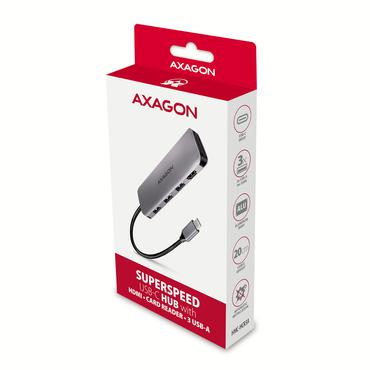 Axagon HMC-HCR3A 3x USB-A+ HDMI+ SD/microSD USB-C 3.2 Gen 1 hub 20cm Ledningsf&oslash;rt USB 3.2 Gen 1 (3.1 Gen 1) Type-C Gr&aring;