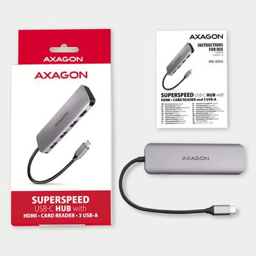 Axagon HMC-HCR3A 3x USB-A+ HDMI+ SD/microSD USB-C 3.2 Gen 1 hub 20cm Ledningsf&oslash;rt USB 3.2 Gen 1 (3.1 Gen 1) Type-C Gr&aring;