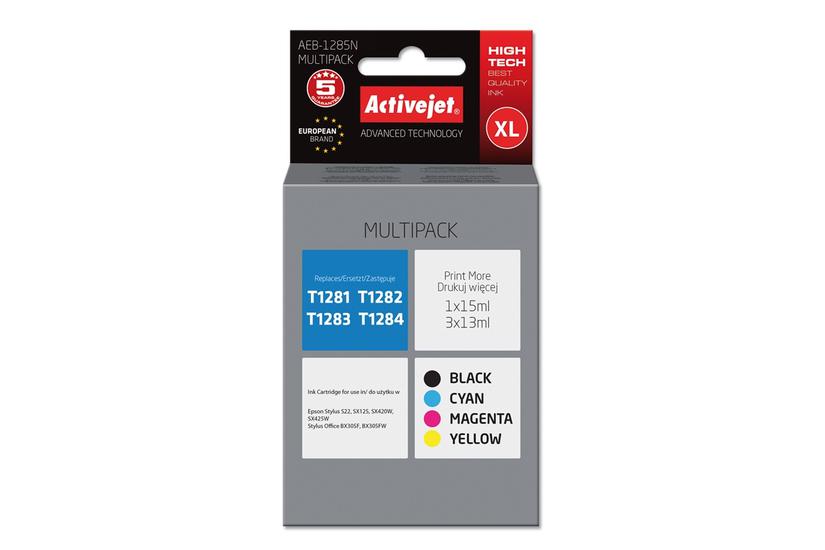 Activejet AEB-1285N bl&aelig;k (erstatning Epson T1281, T1282, T1283, T1284; Supreme; 1 x 15 ml, 3 x 13 ml; sort, r&oslash;d, bl&aring;, gul)