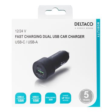 DELTACO USBC-CAR122 str&ouml;madapter f&ouml;r bil - USB, 24 pin USB-C - 36 Watt