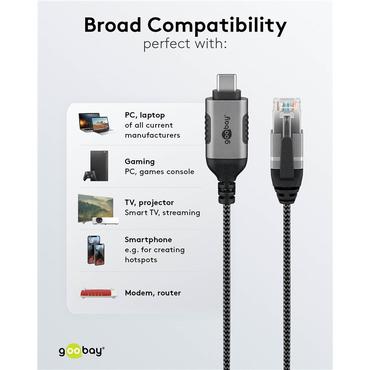 USB-C&trade; 3.1 to RJ45 Ethernet Cable, Slim, 2 m, 2 m, black - connects router, modem or network switch to USB-C&trade;