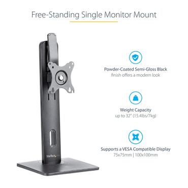 StarTech.com Free Standing Single Monitor Mount, Height Adjustable Monitor Stand, For VESA Mount Displays up to 32" (15lb/7kg), Ergonomic Monitor Stand for Desk, Tilt/Swivel/Rotate, Black - Universal Monitor Stand st&auml;ll - justerbar arm - f&ouml;r Bildsk&auml;rm - svart