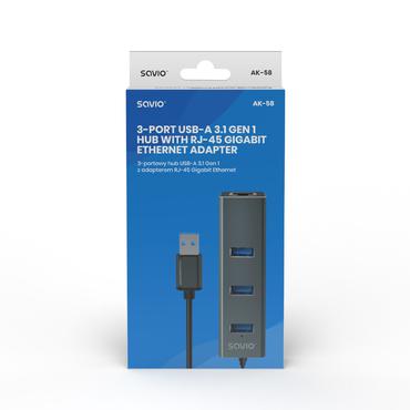 Savio AK-57 USB-A - 3 x USB-A HUB with RJ-45 Gigabit Ethernet adapter  5000 Mbit/s  grey