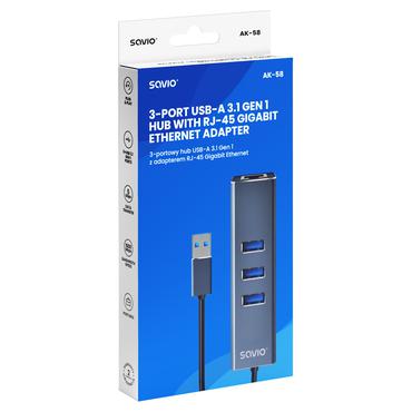 Savio AK-57 USB-A - 3 x USB-A HUB with RJ-45 Gigabit Ethernet adapter  5000 Mbit/s  grey